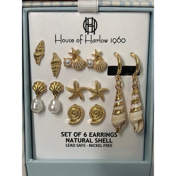 House of Harlow 1960 Jewelry - House of Harlow 1960 Set of 6 Natural Shell Earrings Gold Tone Starfish Pearl